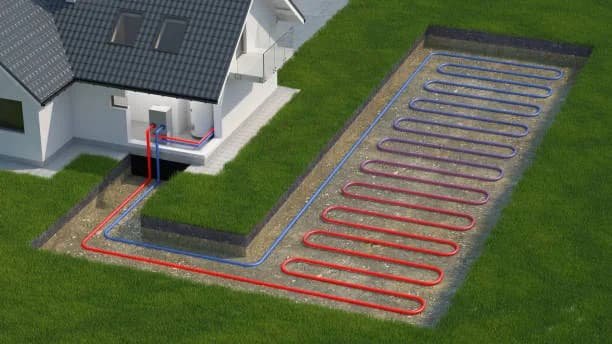 Cutaway diagram of a ground loop heating system buried in a yard beside a house
