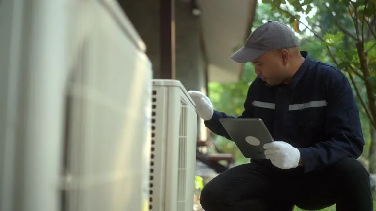 HVAC technician checking an outdoor unit while reviewing details on a tablet