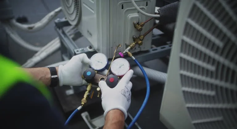 Gloved hands adjusting manifold gauges beside an outdoor unit